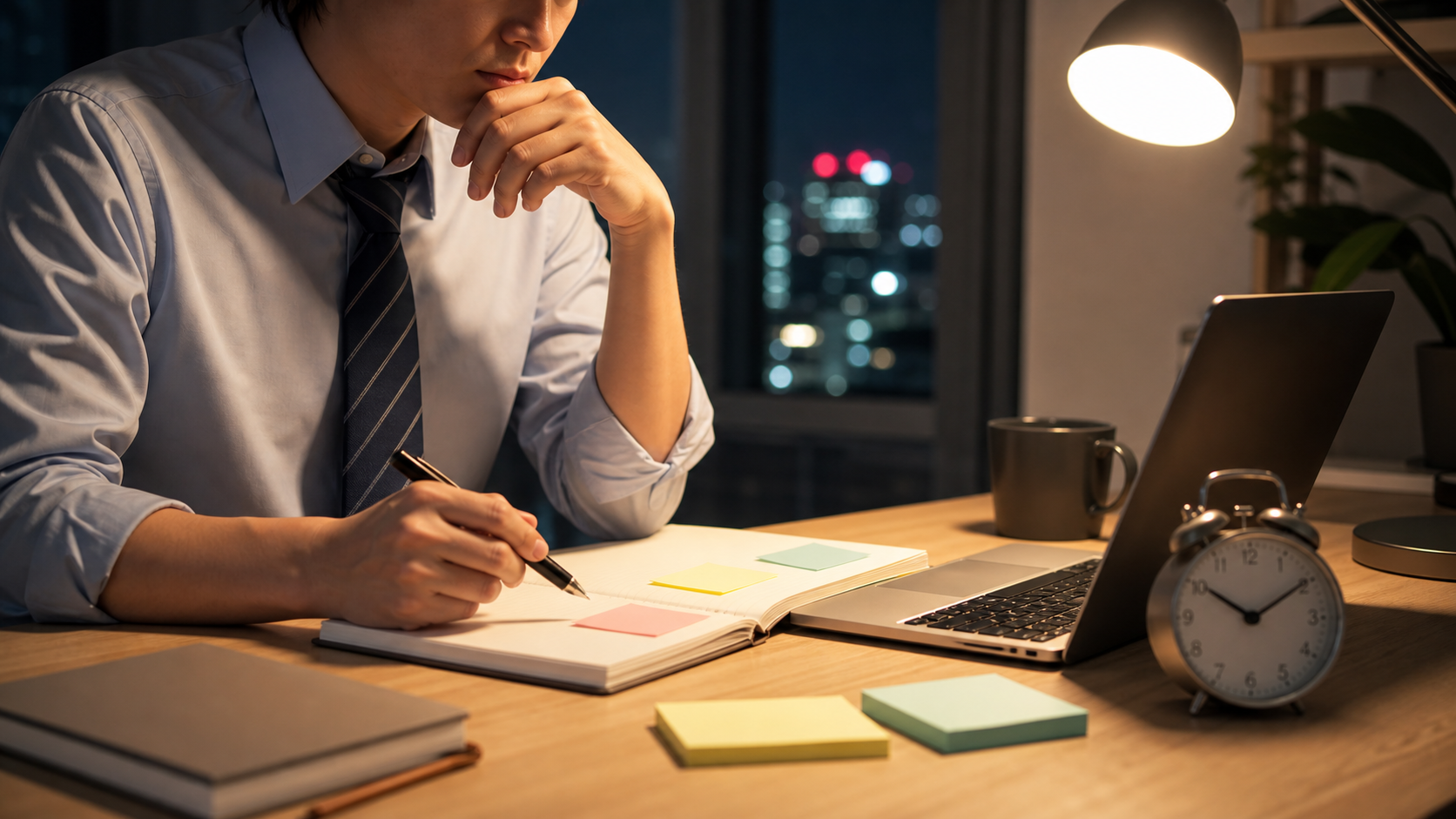 社畜から自由になりたい時に夜の机で悩みを整理するイメージ