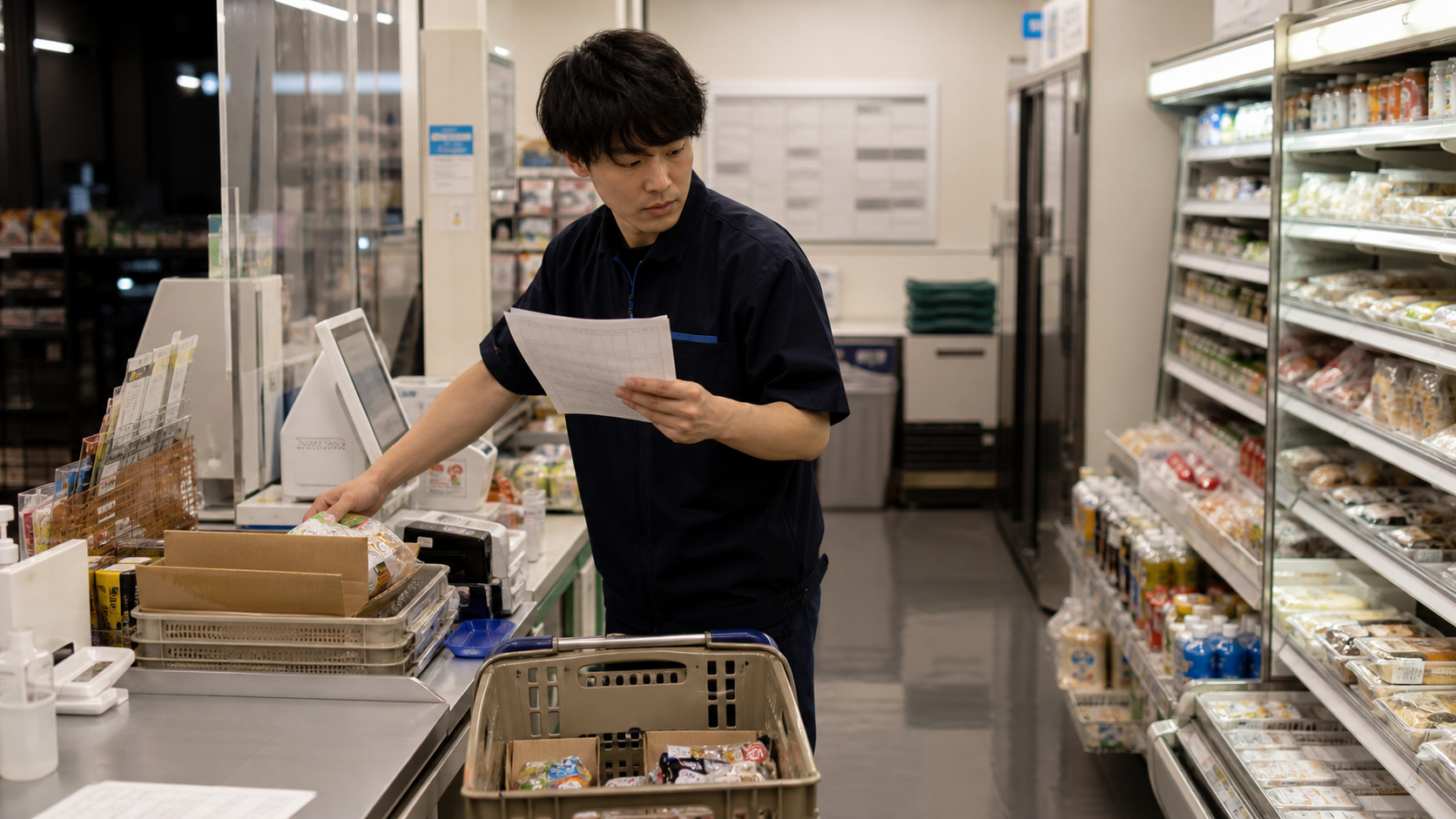 コンビニ正社員が人手不足の夜勤で接客と品出しに追われる様子