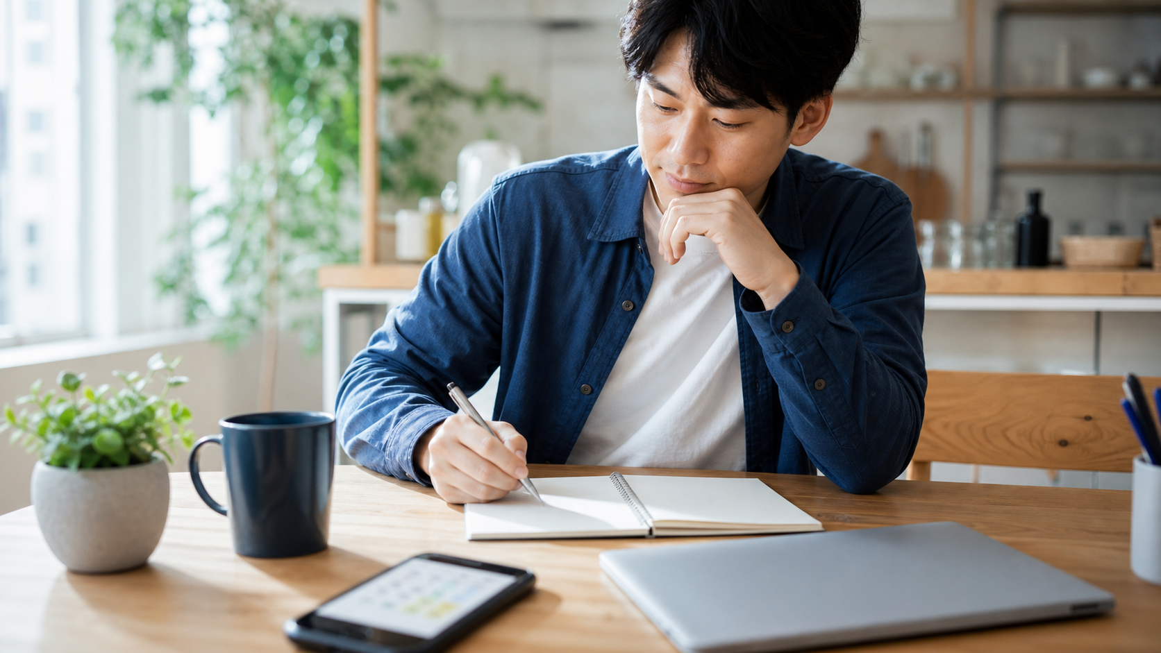 自分の強みと希望条件を書き出す会社員