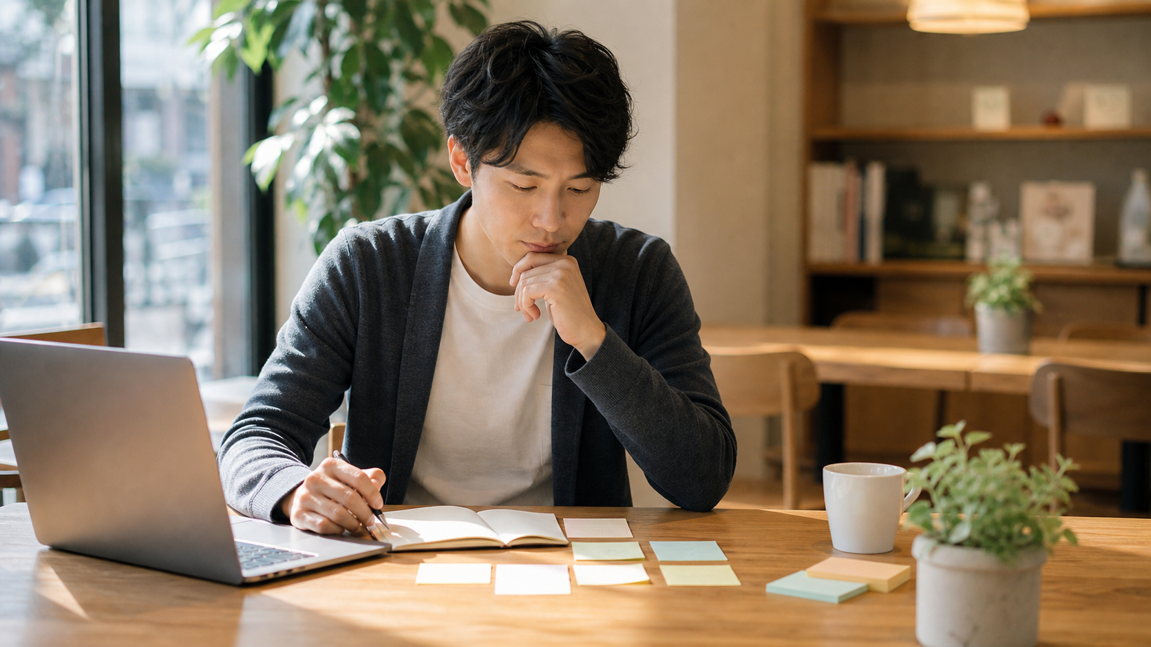カフェでノートと付箋を使って自己分析する社会人