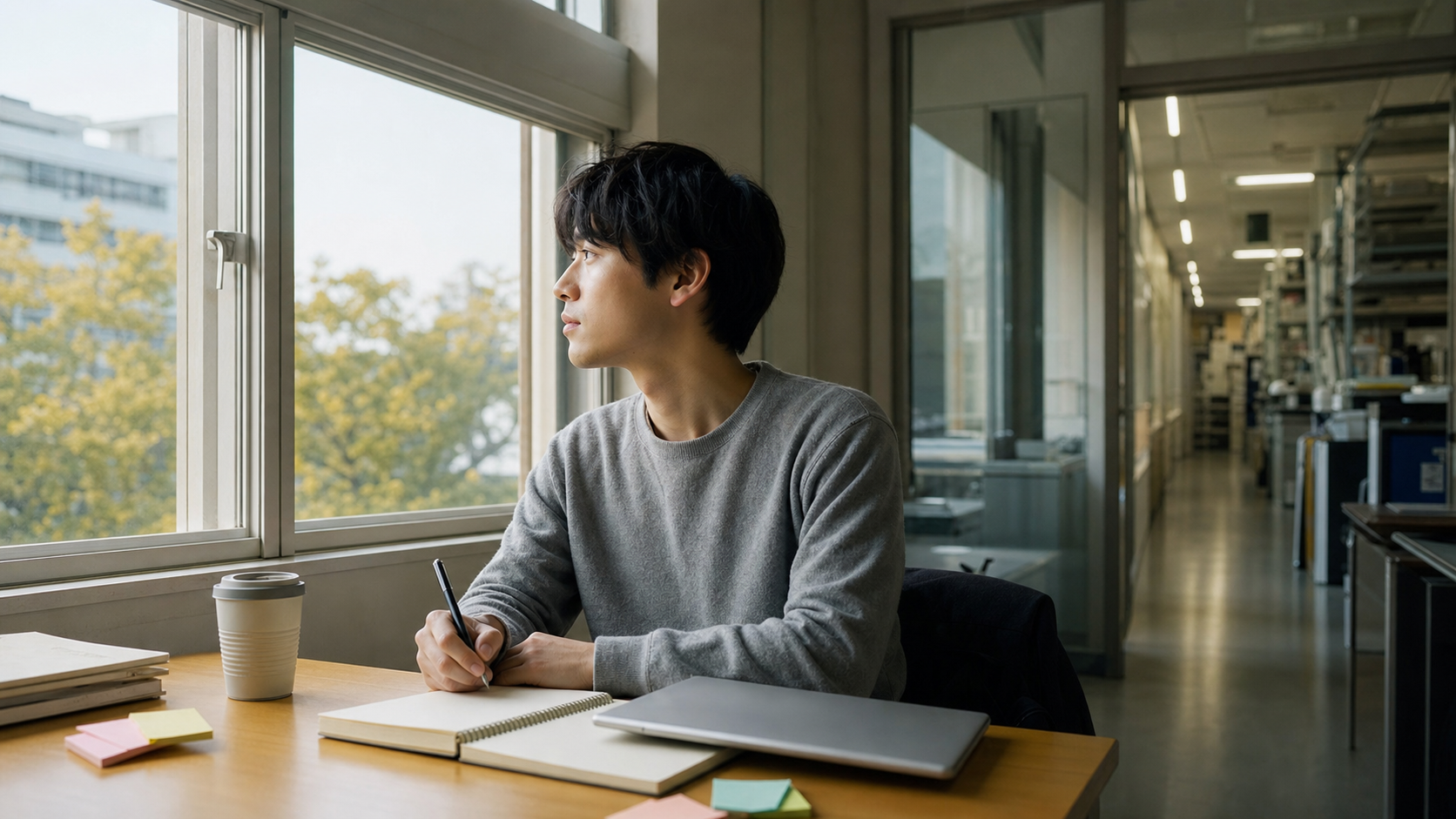大学院をやめたい学生が研究室で気持ちを整理している様子