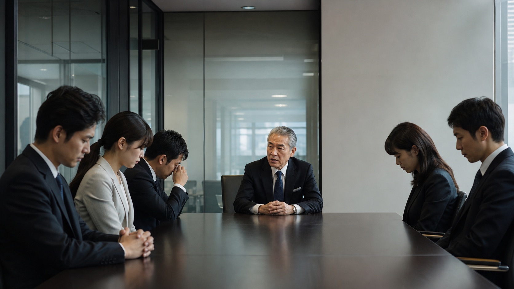 ワンマン社長の職場で社員が黙り込む会議のイメージ