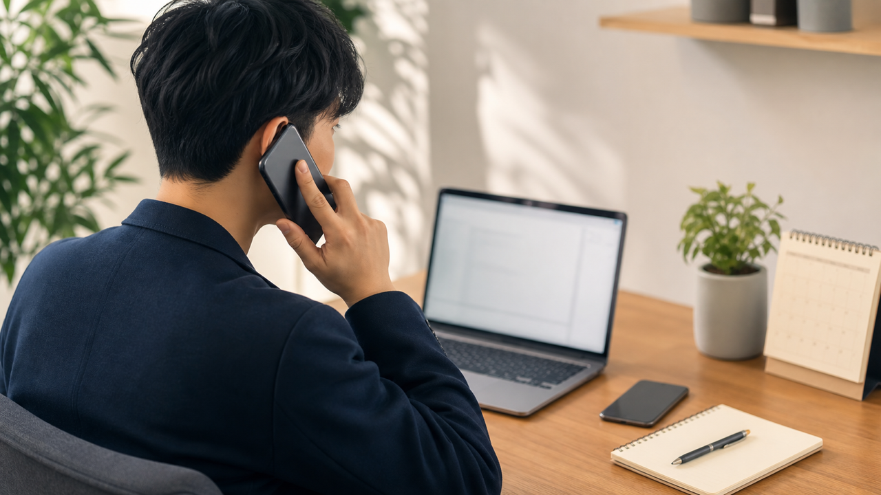 面接辞退の連絡を電話で準備する転職活動中の会社員