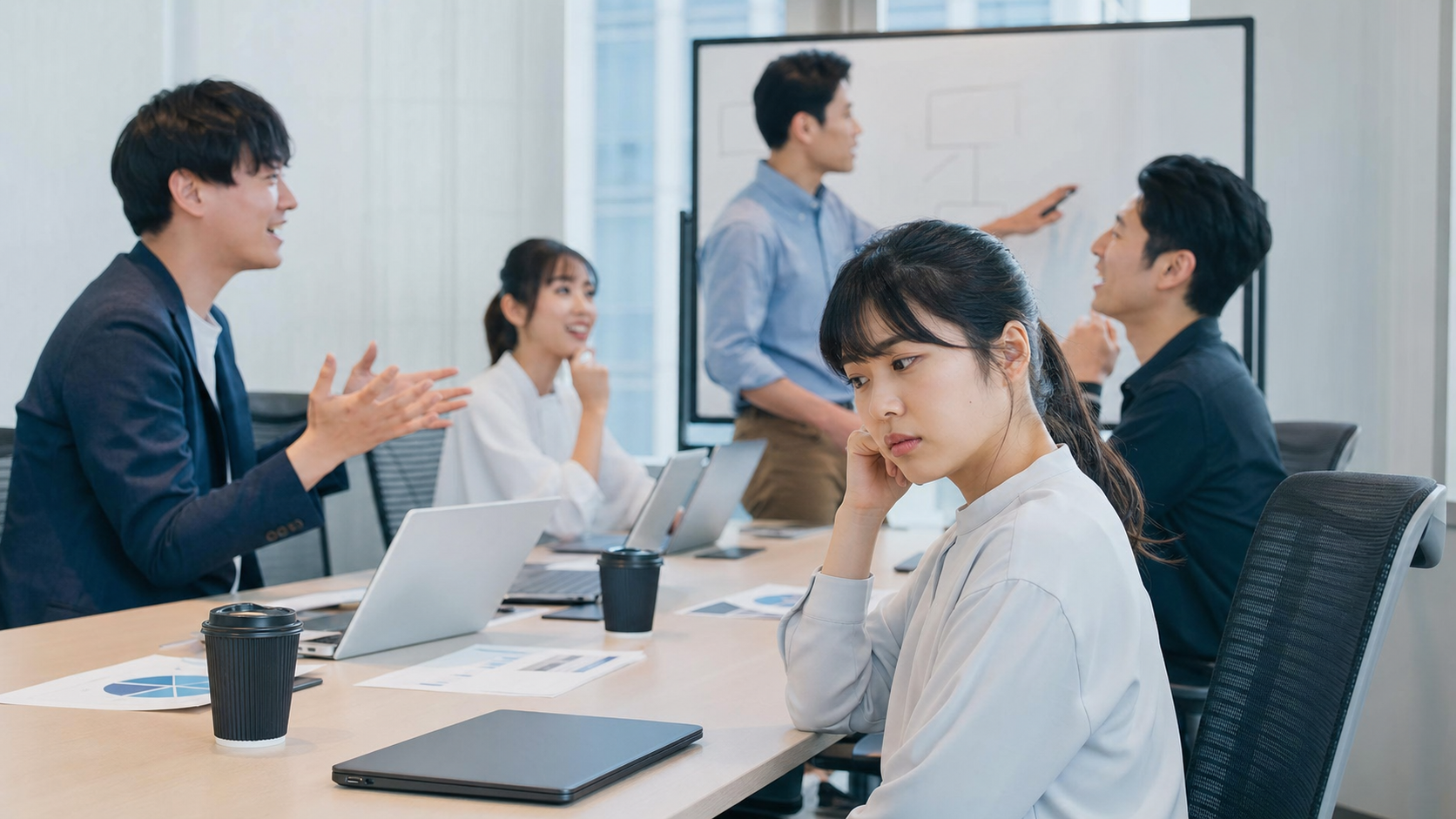 意識高い職場の会議でプレッシャーを感じる社員