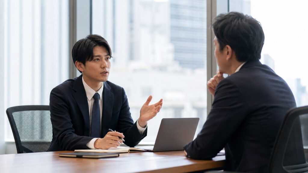上司に建設的な意見を伝える会社員