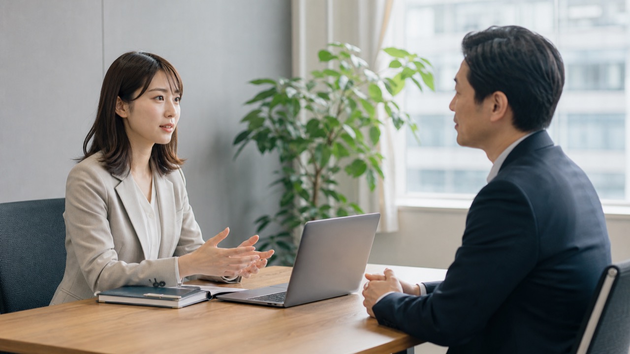 上司と一対一で冷静に意見を伝える社員