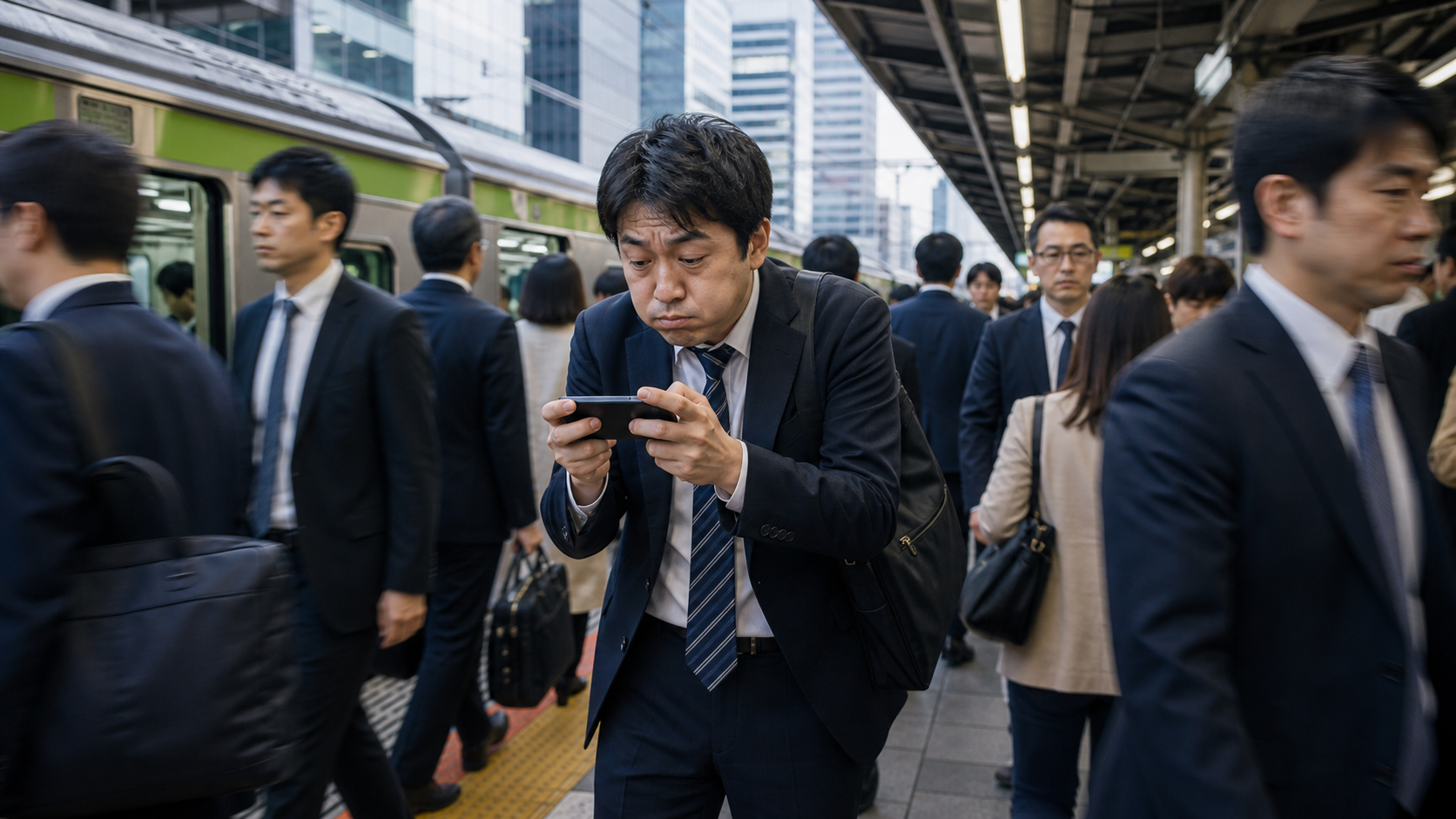 満員電車サバイバルをスマホで集中して遊ぶ通勤者のイメージ