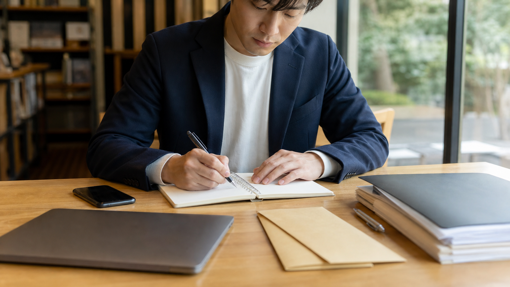 休みがない限界から抜け出すため、カフェで退職や休職の行動計画を書く会社員