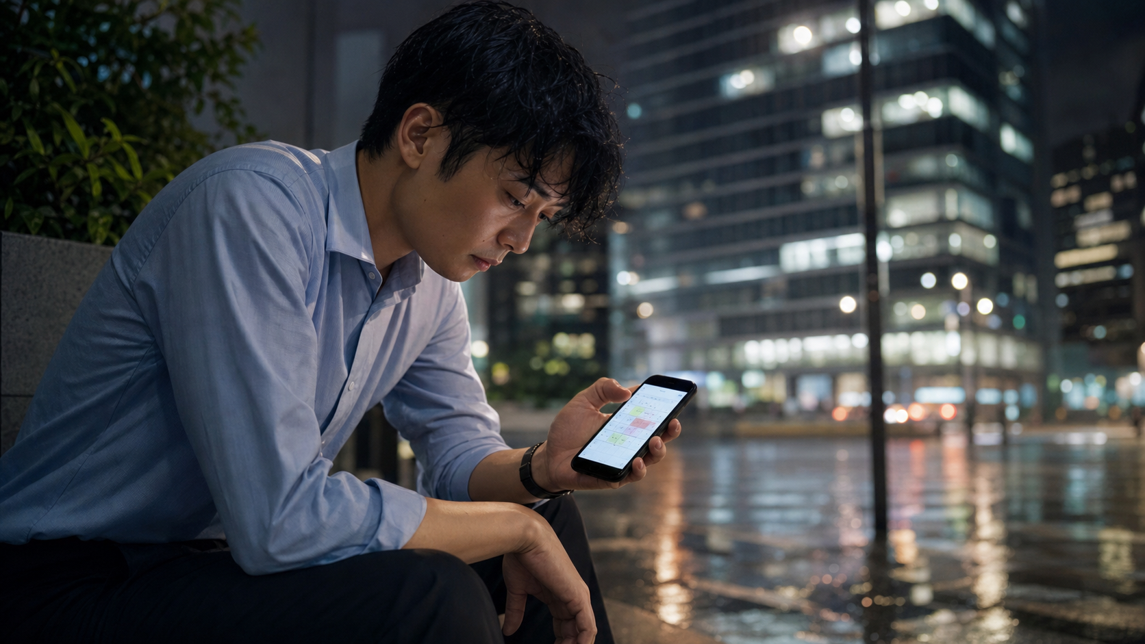 休みがない限界を感じ、夜の街でスマホの予定表を見る会社員