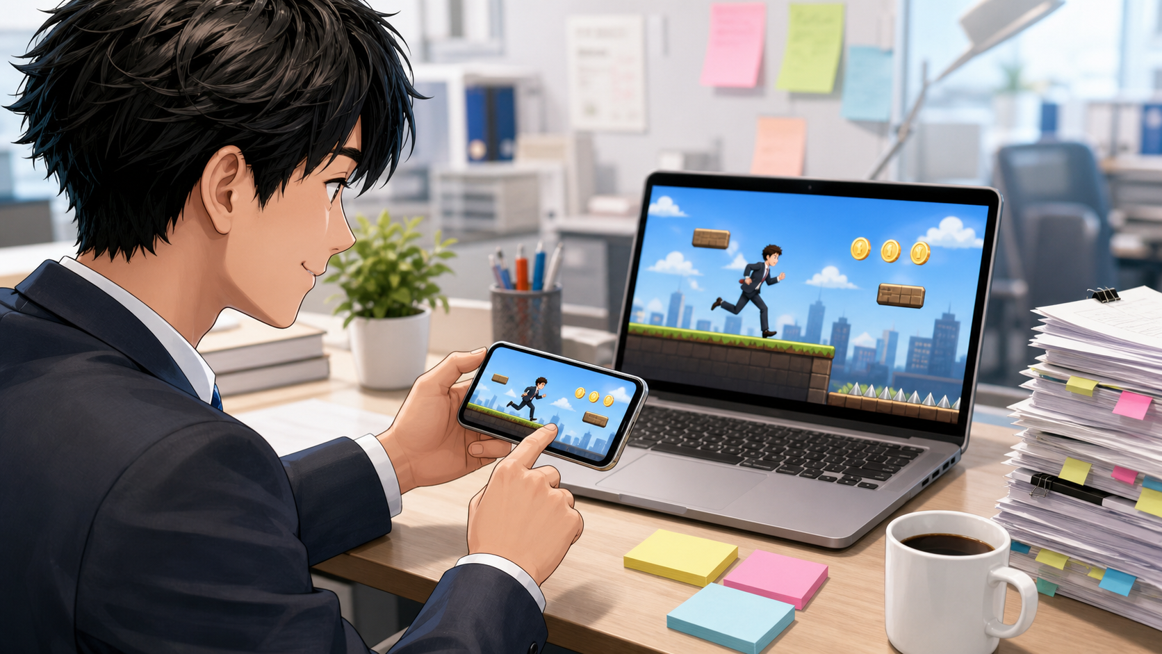 社畜走をスマホとパソコンで遊ぶ無料ブラウザゲームの操作イメージ