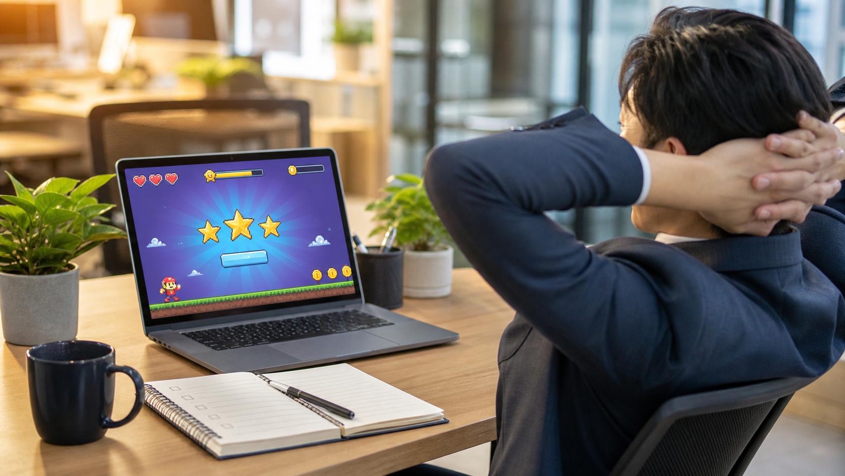 定時ダッシュゲームを遊んだ後に攻略を振り返る会社員