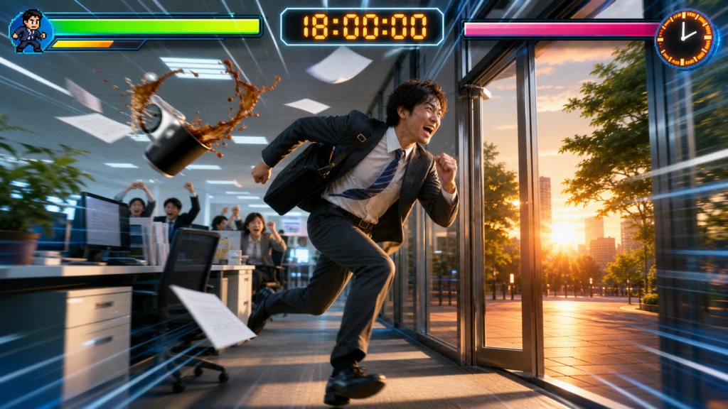 定時ダッシュゲームのアイキャッチ。定時にオフィスを駆け抜ける会社員