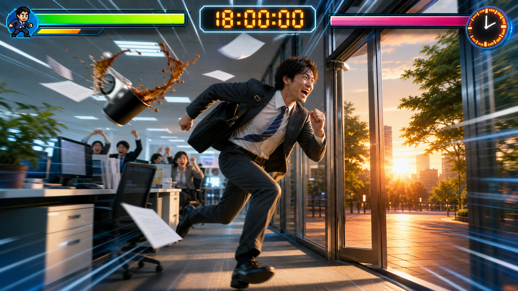 定時ダッシュゲームのアイキャッチ。定時にオフィスを駆け抜ける会社員