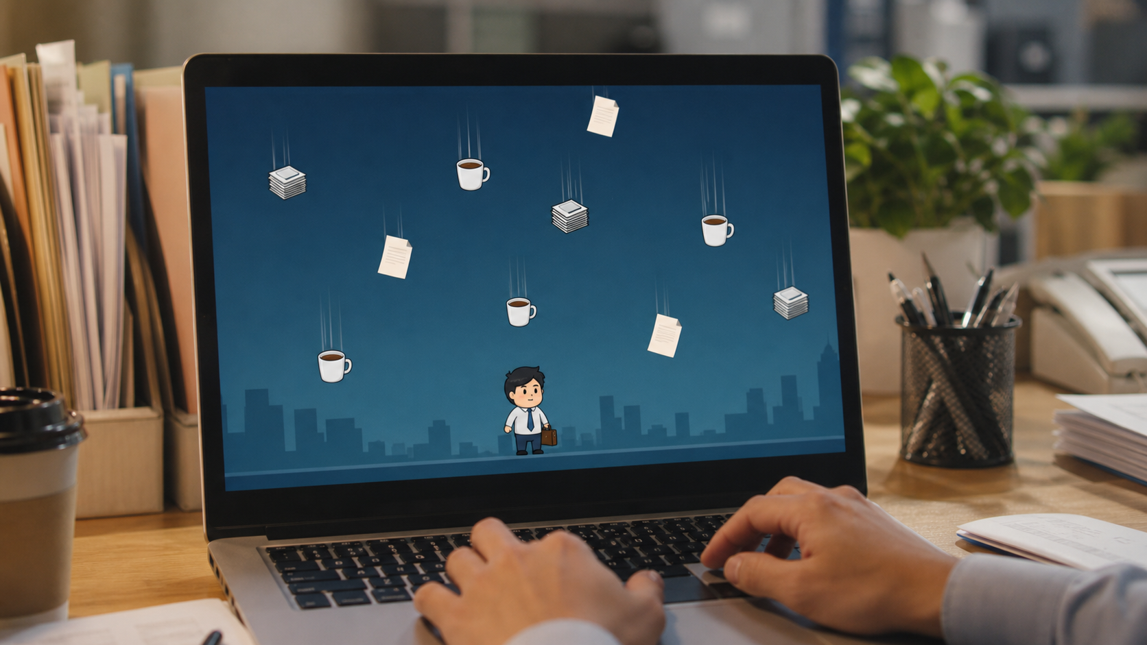 定時ダッシュゲームをパソコンで遊ぶ画面。落ちてくるアイテムを避ける様子