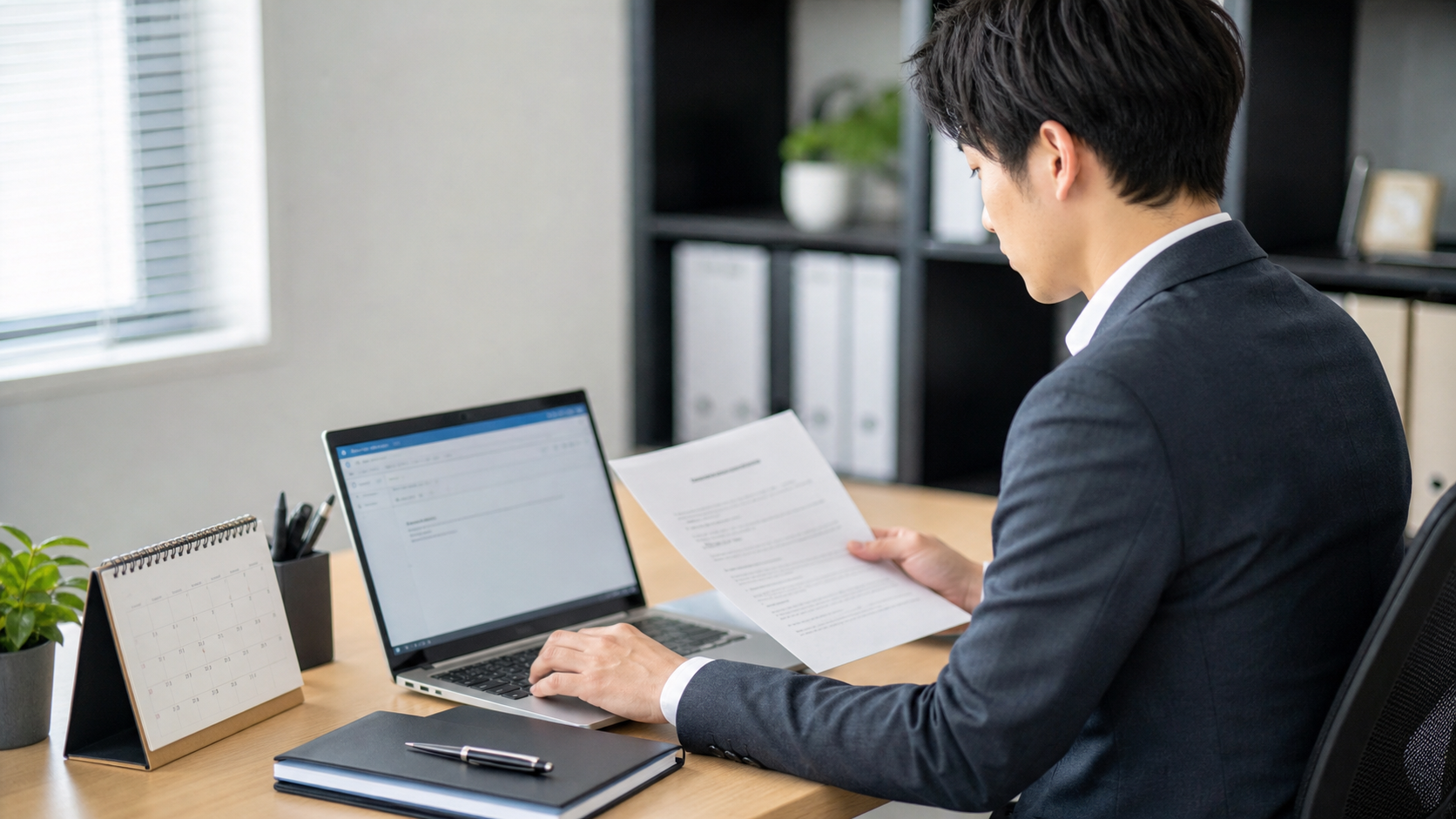 退職時の有給消化を申請するためにメールと書類を準備する会社員