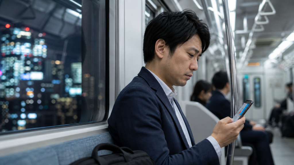 通勤電車でスマホを使い隙間時間に転職活動を進める会社員