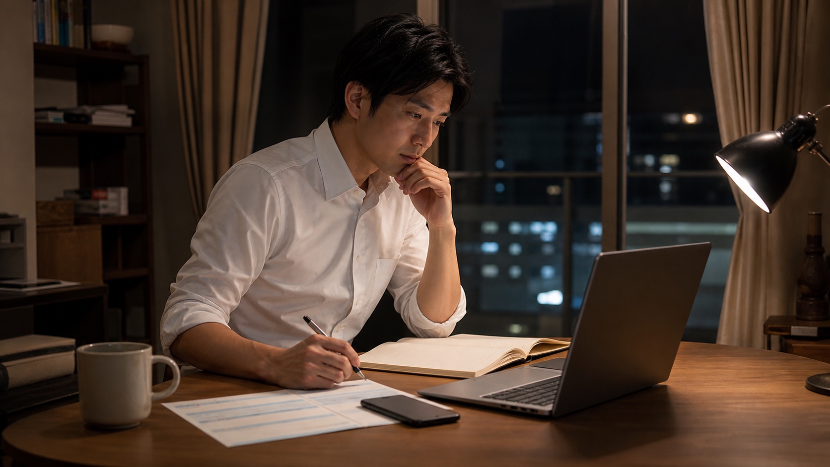 社畜におすすめの副業を夜の自宅で検討する会社員