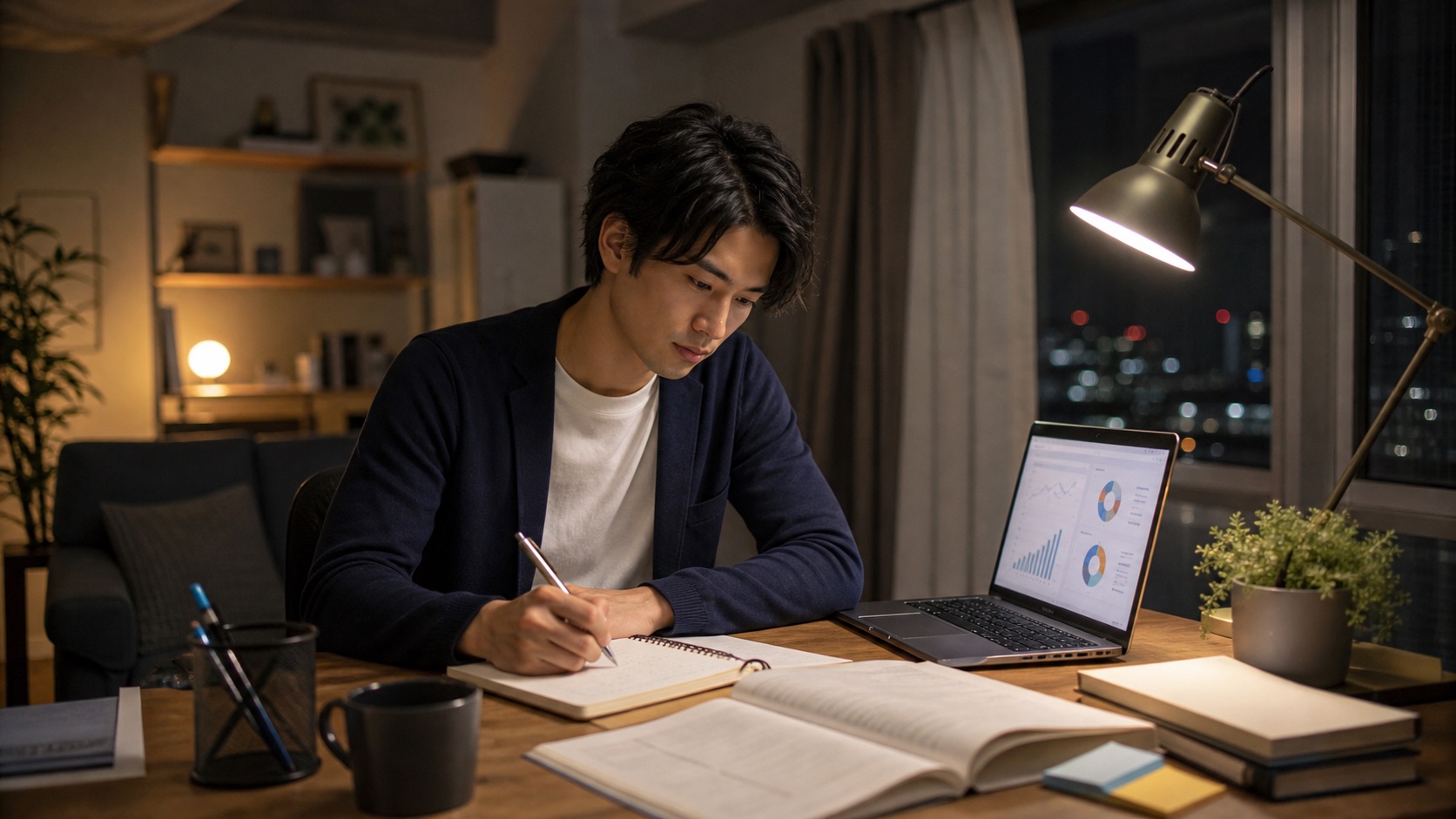 社畜のスキルアップに向けて帰宅後に学習計画を立てる会社員