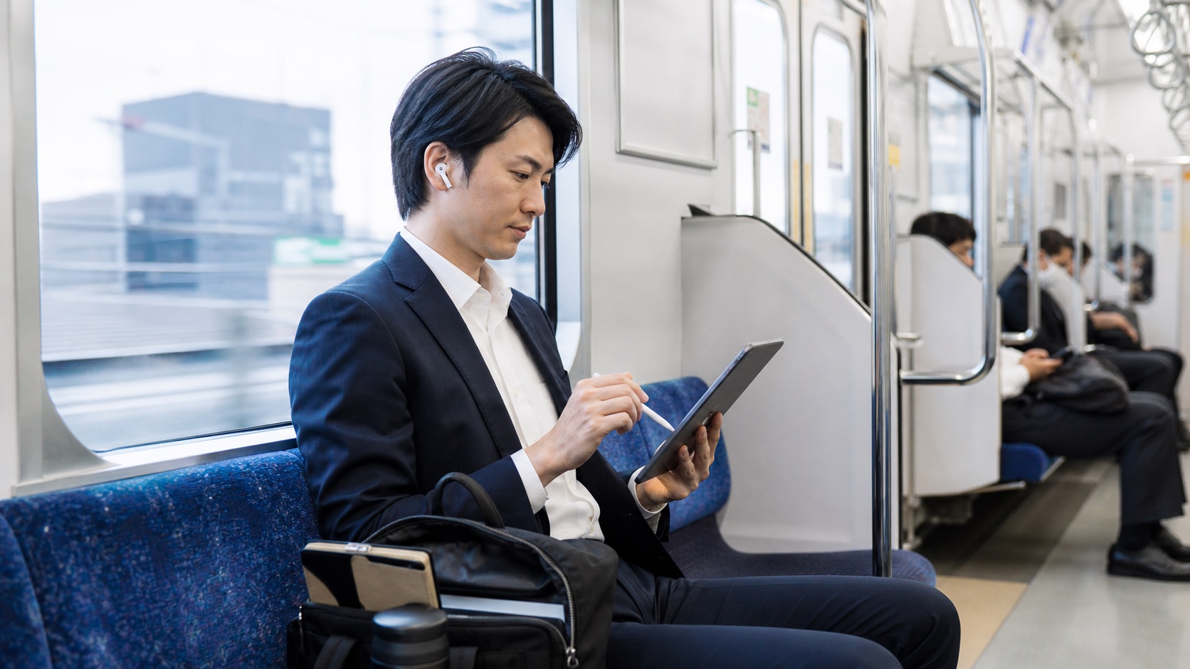 通勤時間を使ってスキルアップの勉強をする会社員