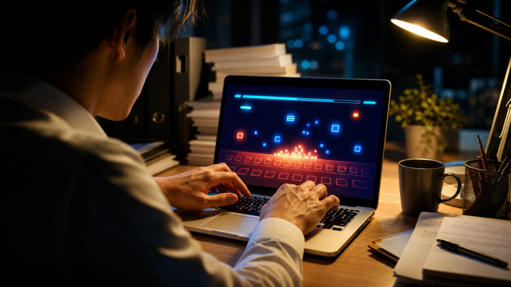 社畜タイピングサバイバルの攻略をイメージしたキーボードとゲーム画面