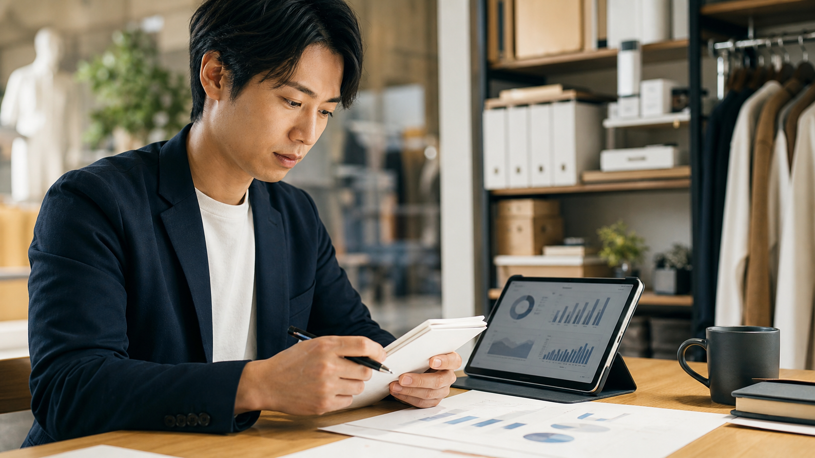 店舗経験の売上データと顧客メモを本社向けの強みに整理するスタッフ