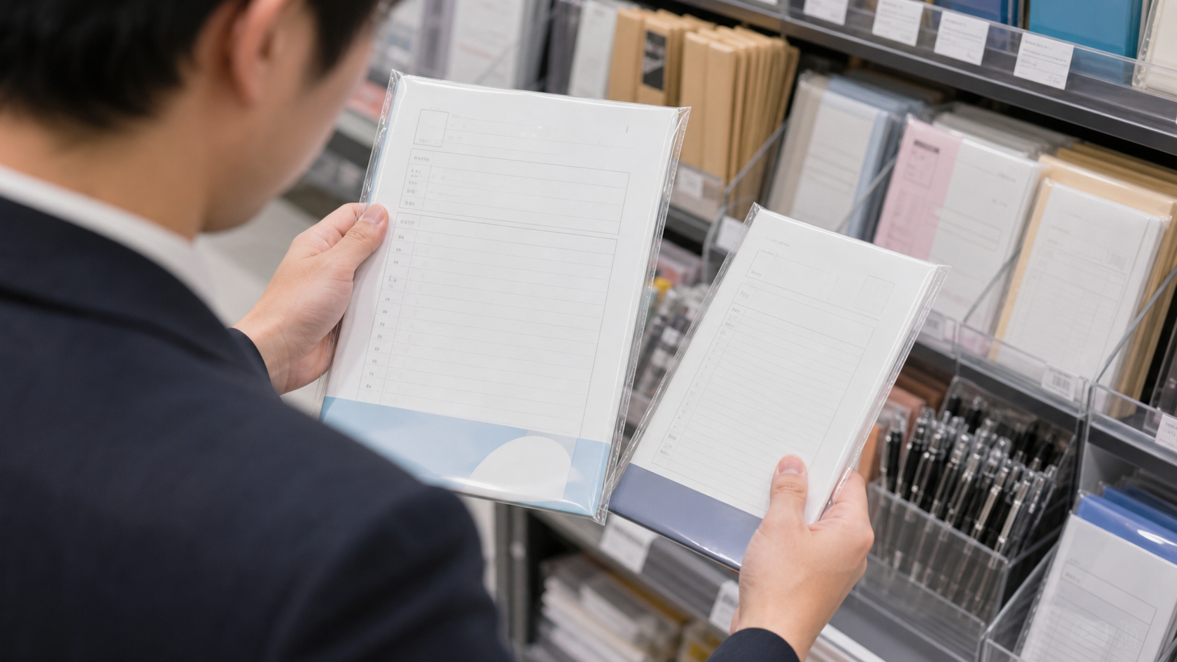 文具店で職務経歴書の用紙を選ぶ会社員