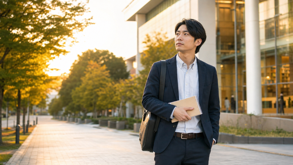 大学入り直しを考える社会人がキャンパスで将来を見つめる様子