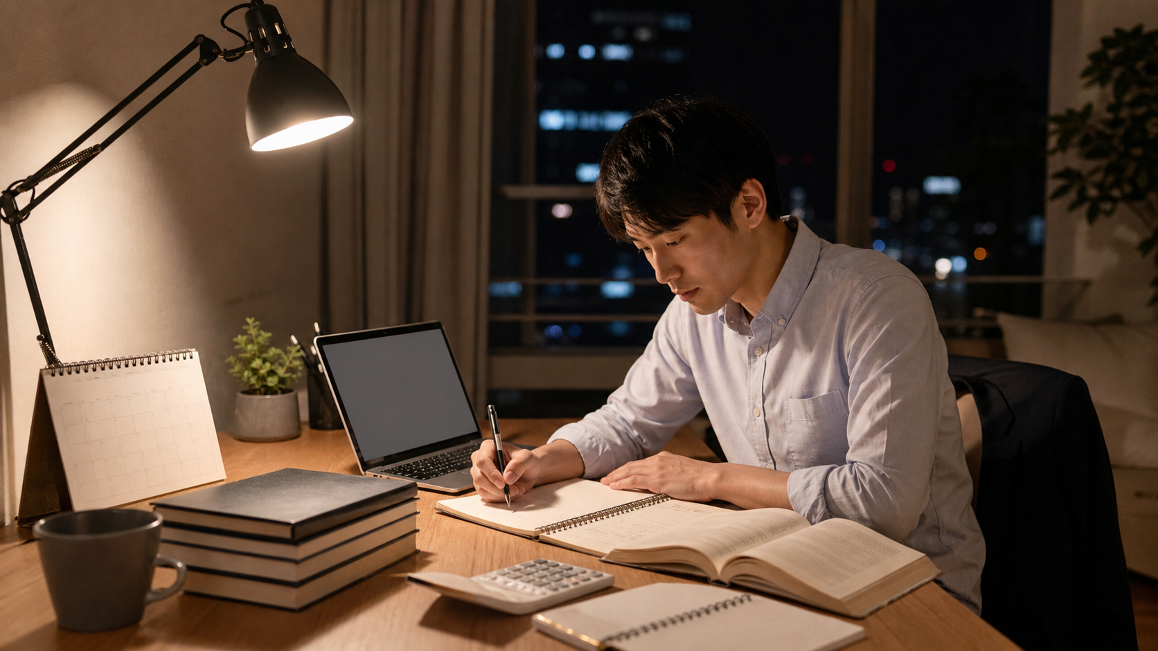 仕事後に大学入り直しの学習計画を立てる社会人