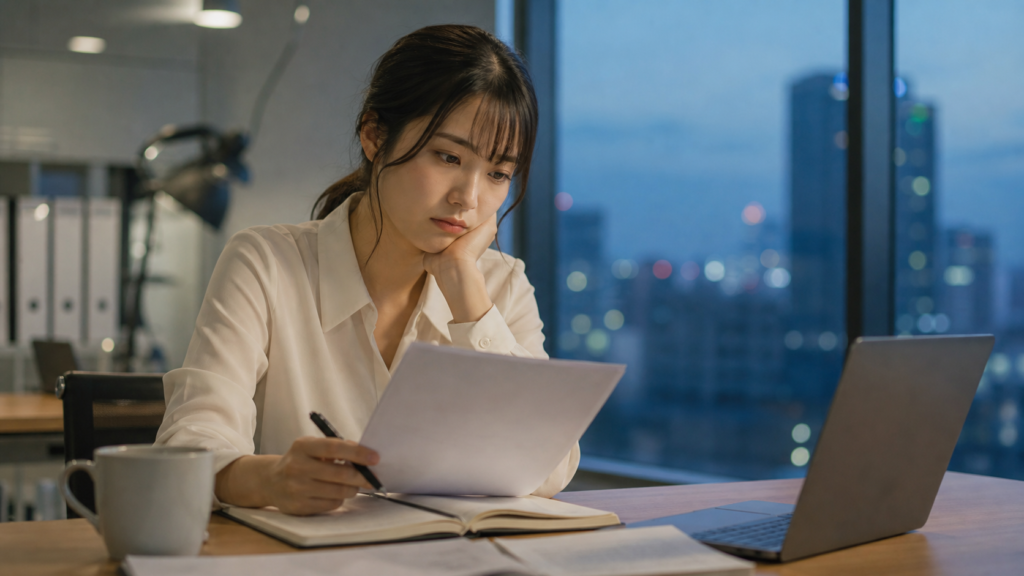 理不尽に怒られた後に記録を見直す会社員