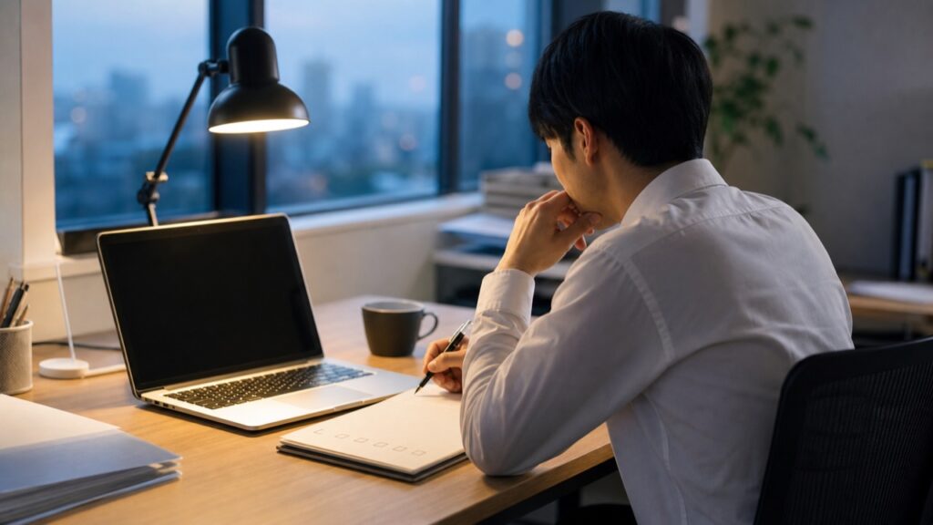 仕事で大失敗した後に落ち着いて対処を考える会社員