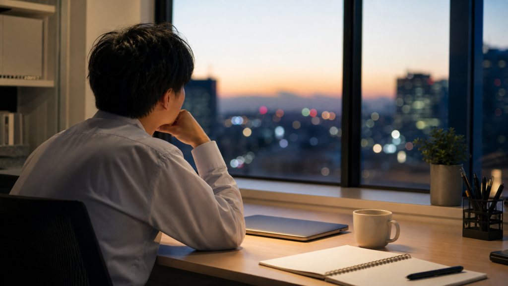 仕事にやりがいがないと感じる会社員が夕方のオフィスで自分の働き方を見つめ直している様子