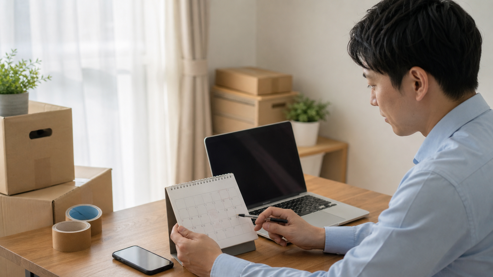 引っ越し予定と有給日をカレンダーで確認する会社員