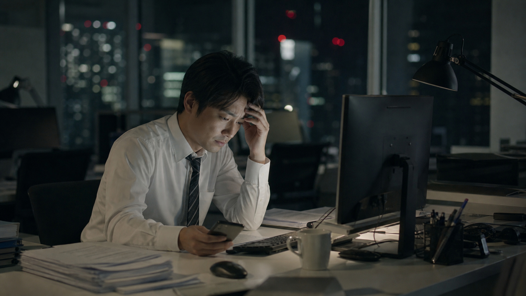 慢性的な残業で夜のオフィスに残る会社員