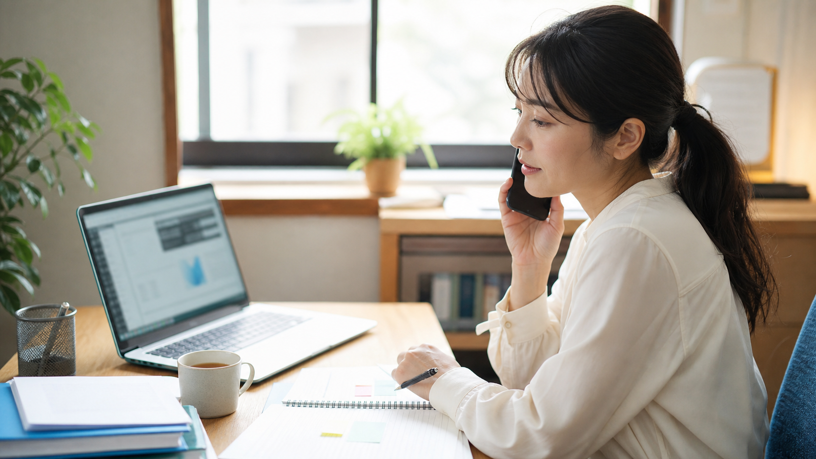 上司の嫌がらせについて外部相談先に電話しながら状況を整理する会社員