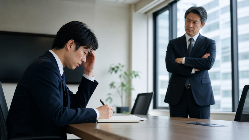 厳しい上司の前で悩みながら記録を取る会社員