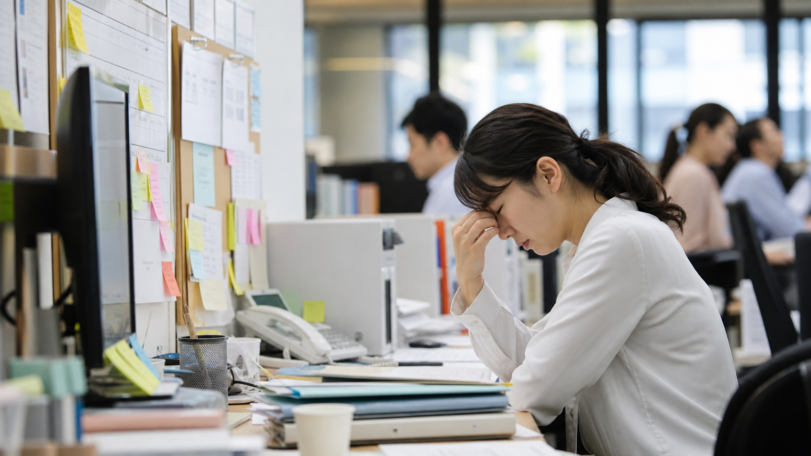 仕事がしんどい原因を整理するために職場で疲れを感じる会社員