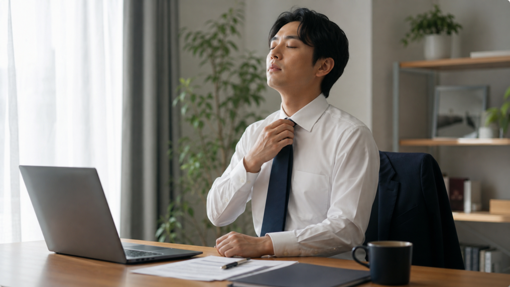 面接の緊張を克服するために呼吸を整える転職面接前の会社員