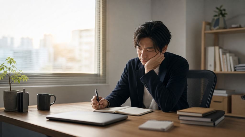 仕事が長続きしない悩みをノートに整理する会社員
