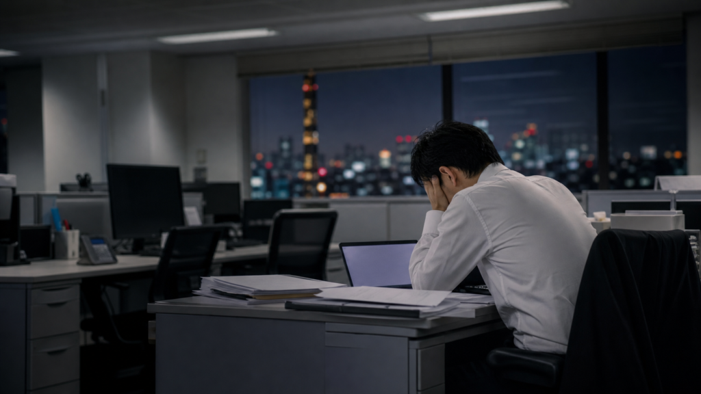 深夜のオフィスで残業に疲れた会社員