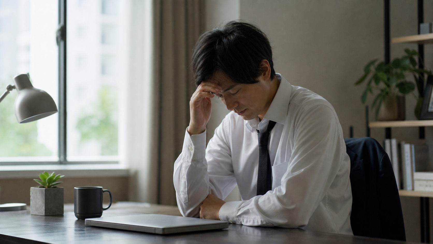 仕事がしんどい朝に机の前で疲れを感じる会社員