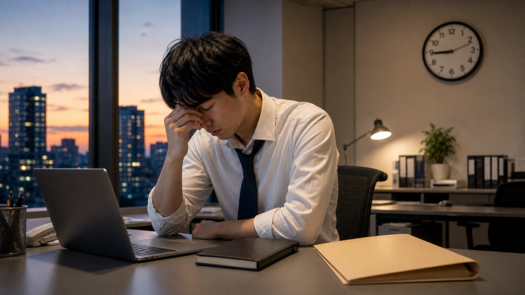 休憩なしで疲弊する会社員と時計のあるオフィス