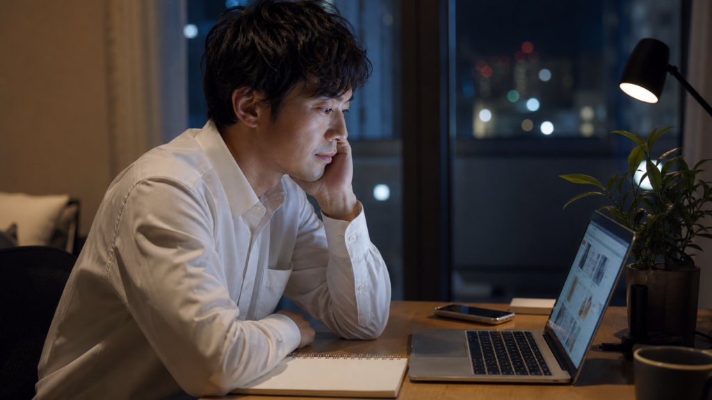 仕事しながら転職が辛い夜に求人を見て悩む会社員