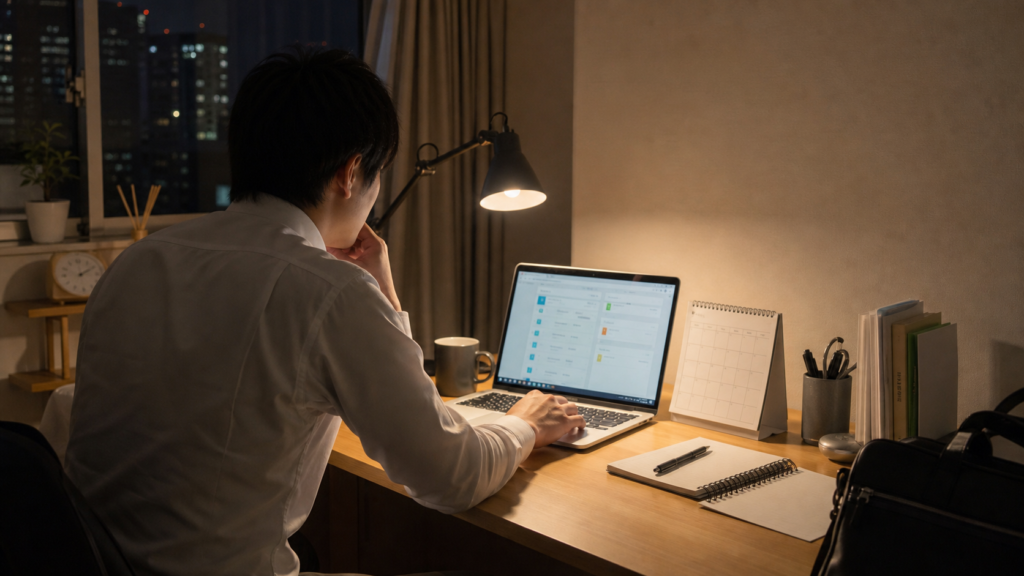 仕事しながら転職が辛い夜に求人と予定表を確認する会社員