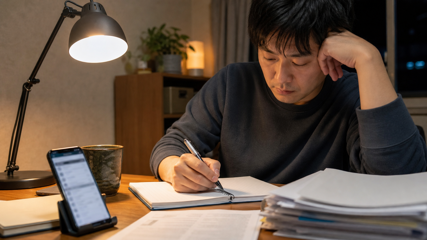 残業時間の記録を残して相談準備をする会社員