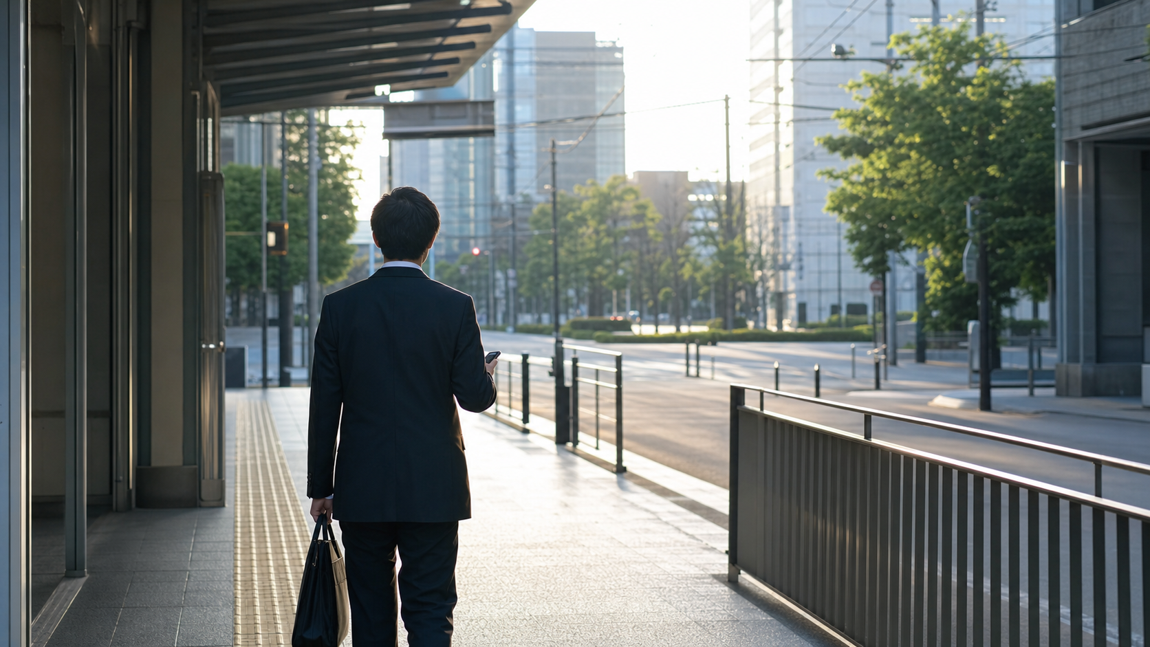 朝の街へ歩き出す会社員の後ろ姿