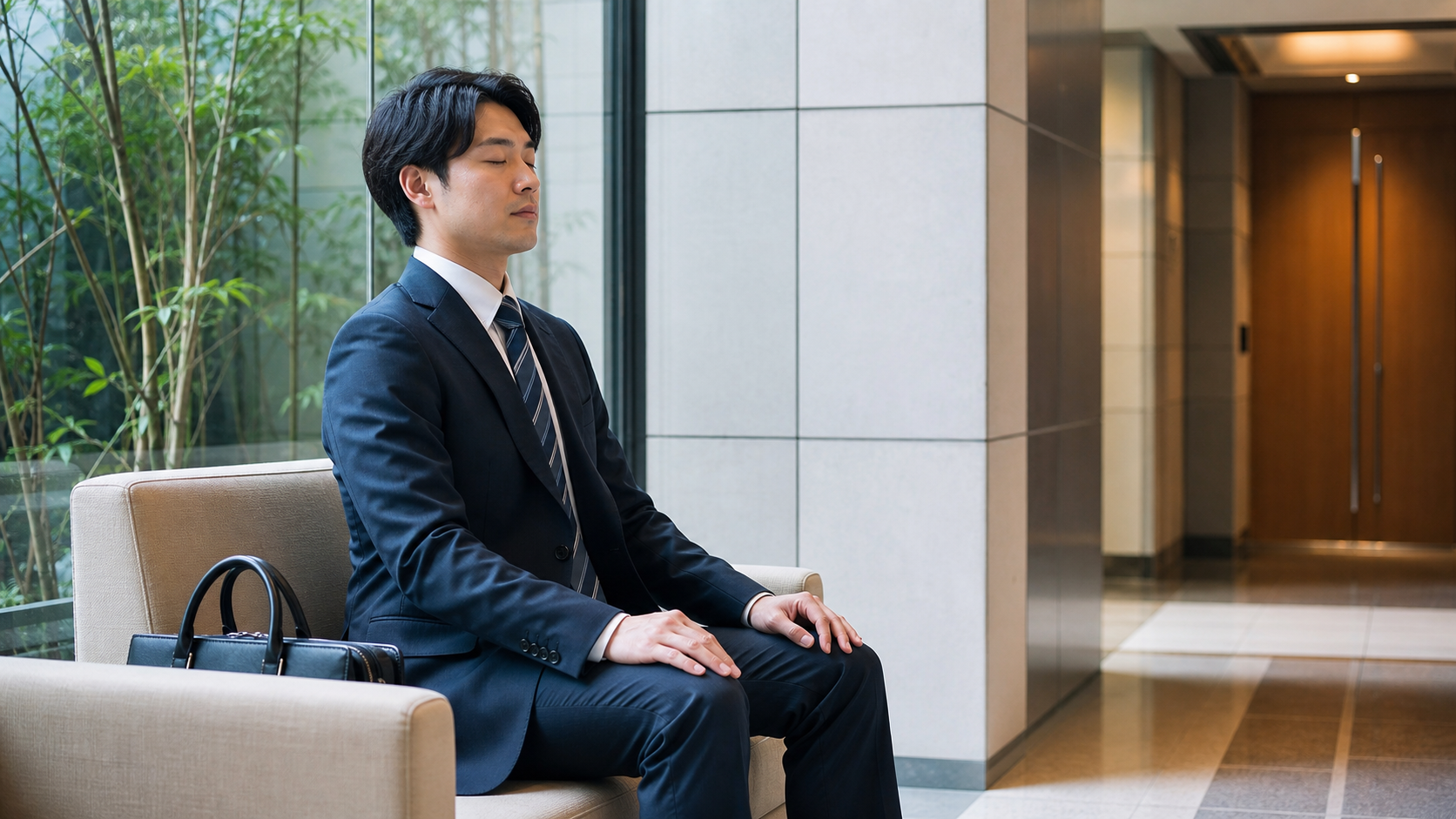 面接当日の待合室で呼吸を整えて緊張を落ち着かせる会社員
