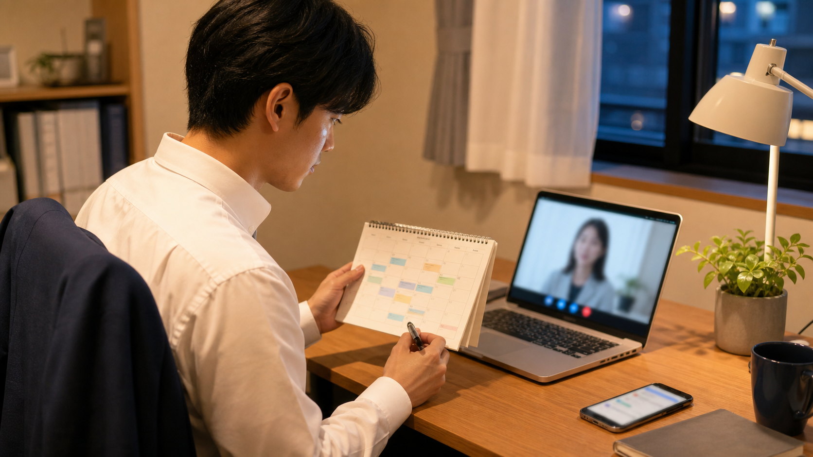 在職中の面接日程を調整しオンライン面接を準備する会社員