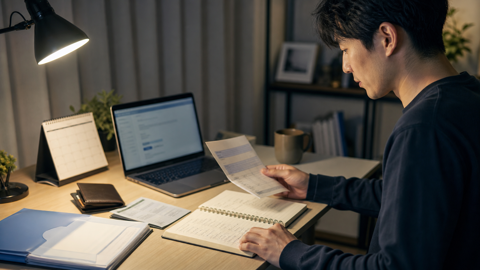 退職前に生活費や書類を確認する会社員のデスク