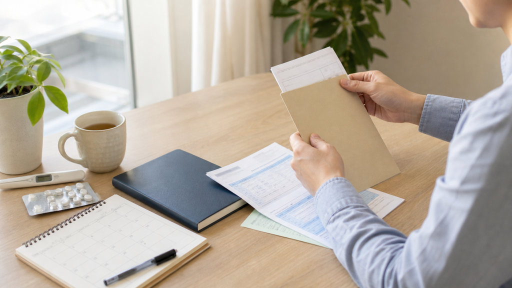 休職申請と傷病手当金の書類を整理する会社員の手元