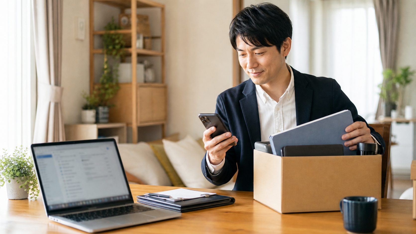 退職代行へ相談し会社備品を返却準備する様子